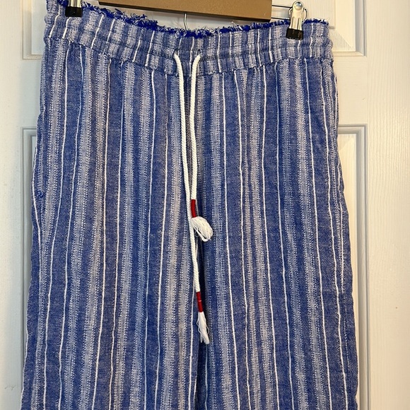 Blue rain blue and white striped linen blend wide leg pants red detail large - Picture 4 of 6